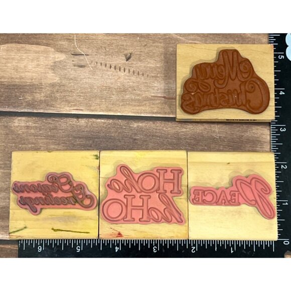LOT OF 4 MOSTLY UNBRANDED HOLIDAY THEMED WOOD MOUNTED RUBBER STAMPS PEACE HO HO - Picture 3 of 3